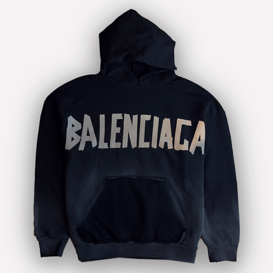 BALENCIAGA Silver Tape Type Ripped Pocket Hoodie Oversized in Black Faded