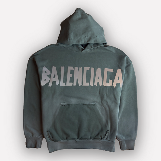 BALENCIAGA Silver Tape Type Ripped Pocket Hoodie Oversized in Green Faded